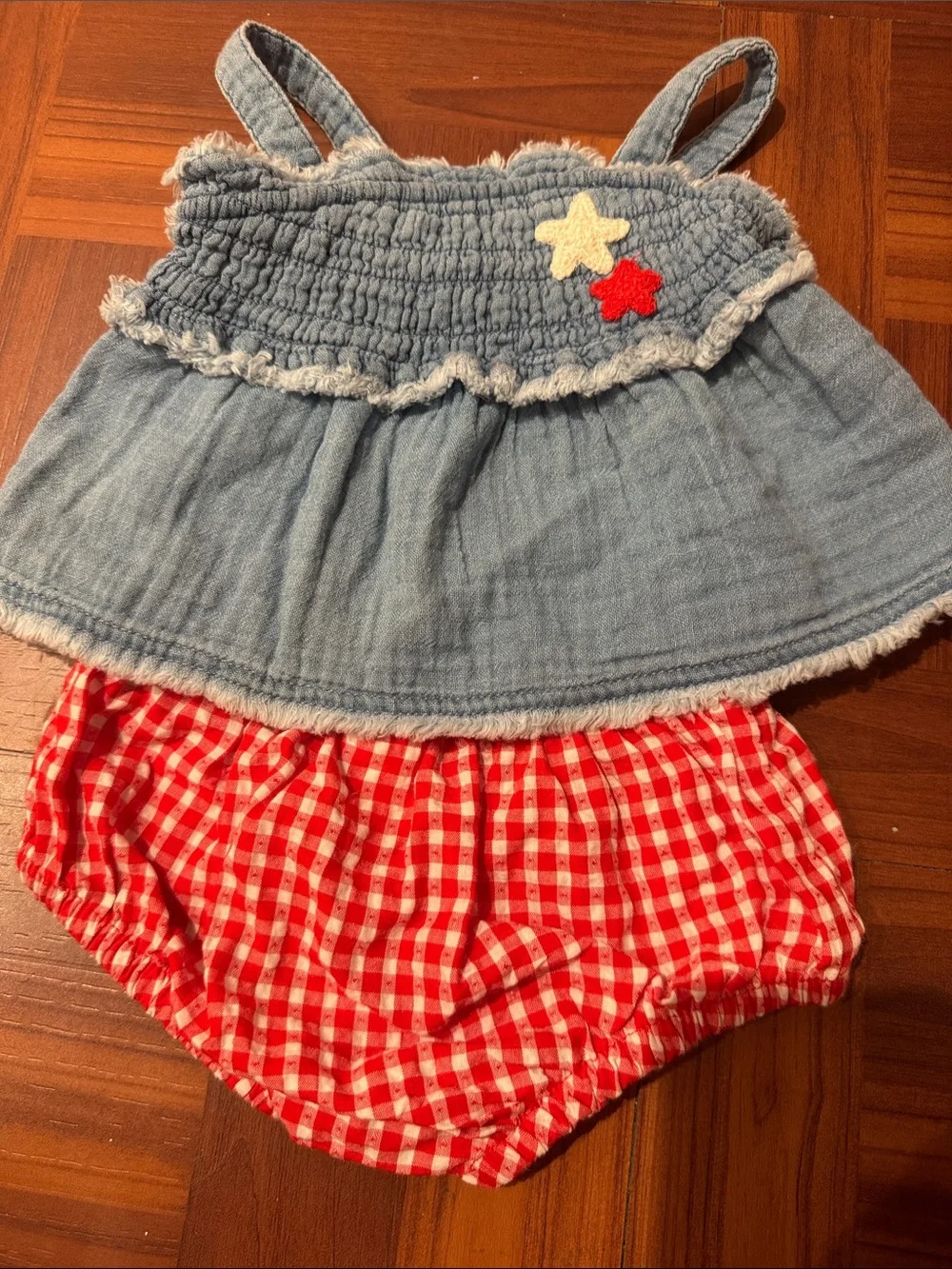 Blue Chambray Star Baby Tank with Red Gingham Bloomer